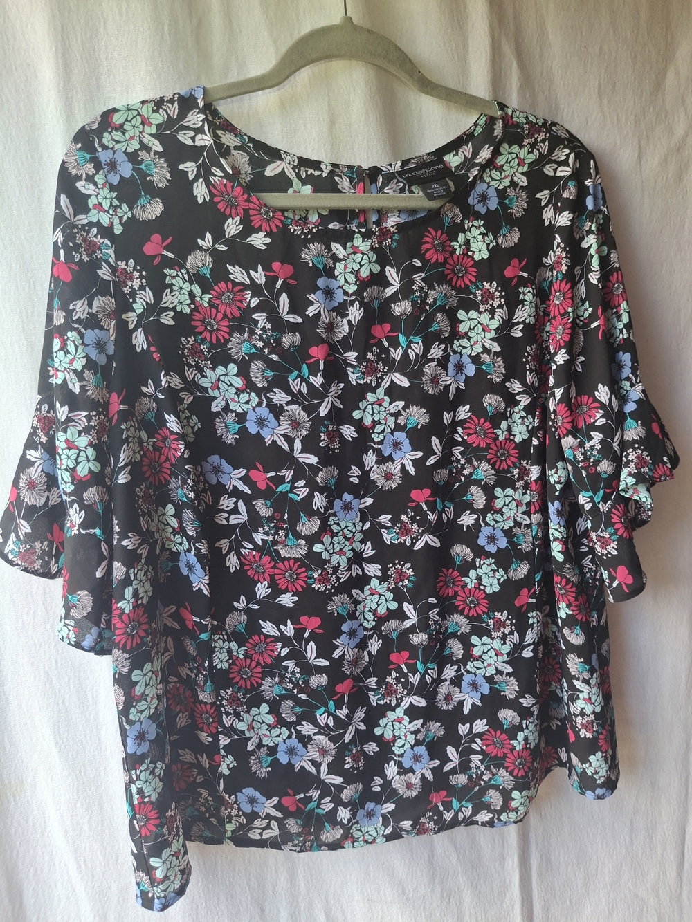 Liz Claiborne Black Floral Flutter Sleeve Blouse with Pink & Blue Accents